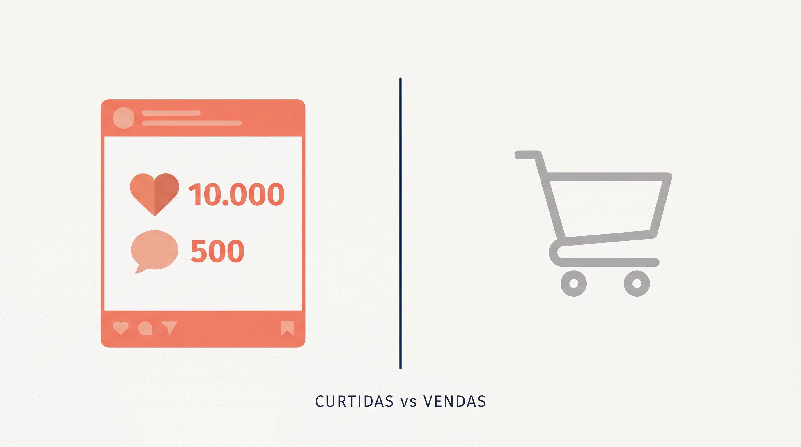 Comparação visual entre alto engajamento em redes sociais e ausência de vendas