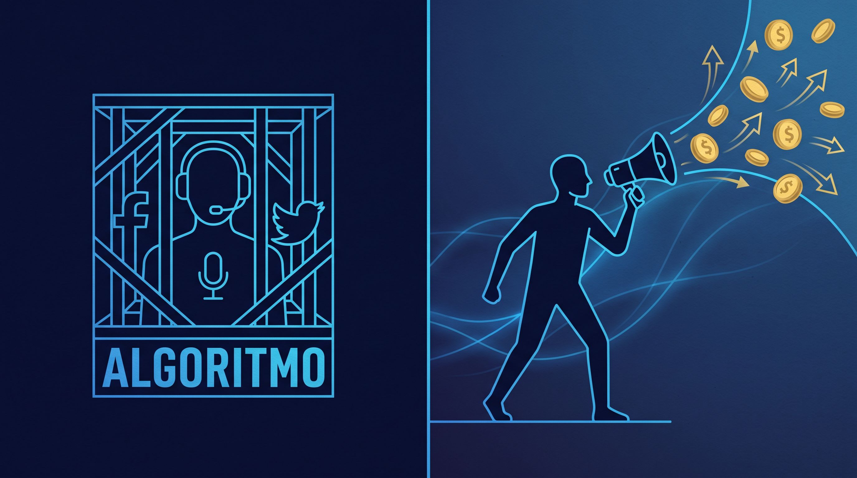 Ilustração conceitual comparando streamer preso ao algoritmo versus streamer no controle com tráfego pago