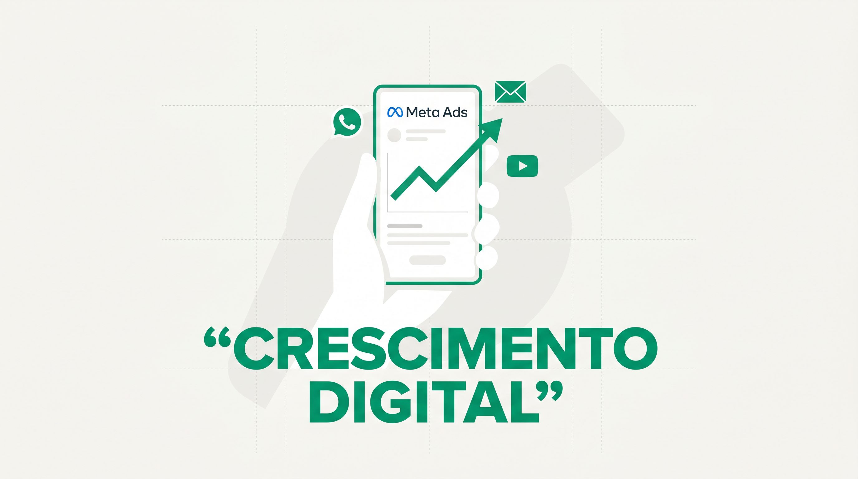 Mão segurando smartphone com dashboard de anúncios mostrando crescimento de campanha para criadores de conteúdo