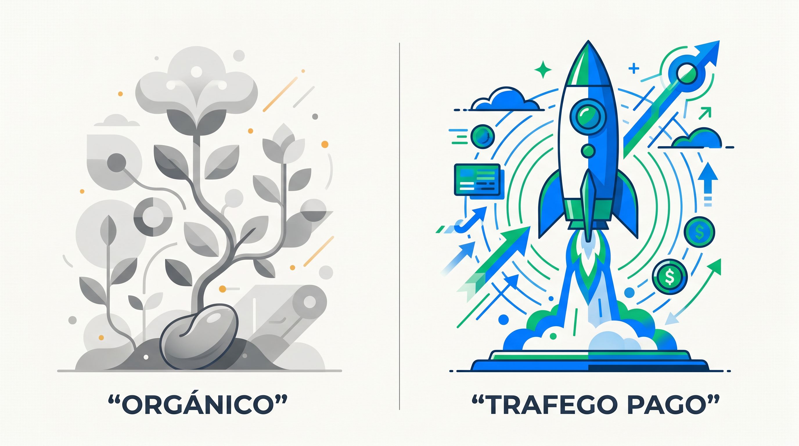 Comparação entre crescimento orgânico lento e escala rápida com tráfego pago para infoprodutos