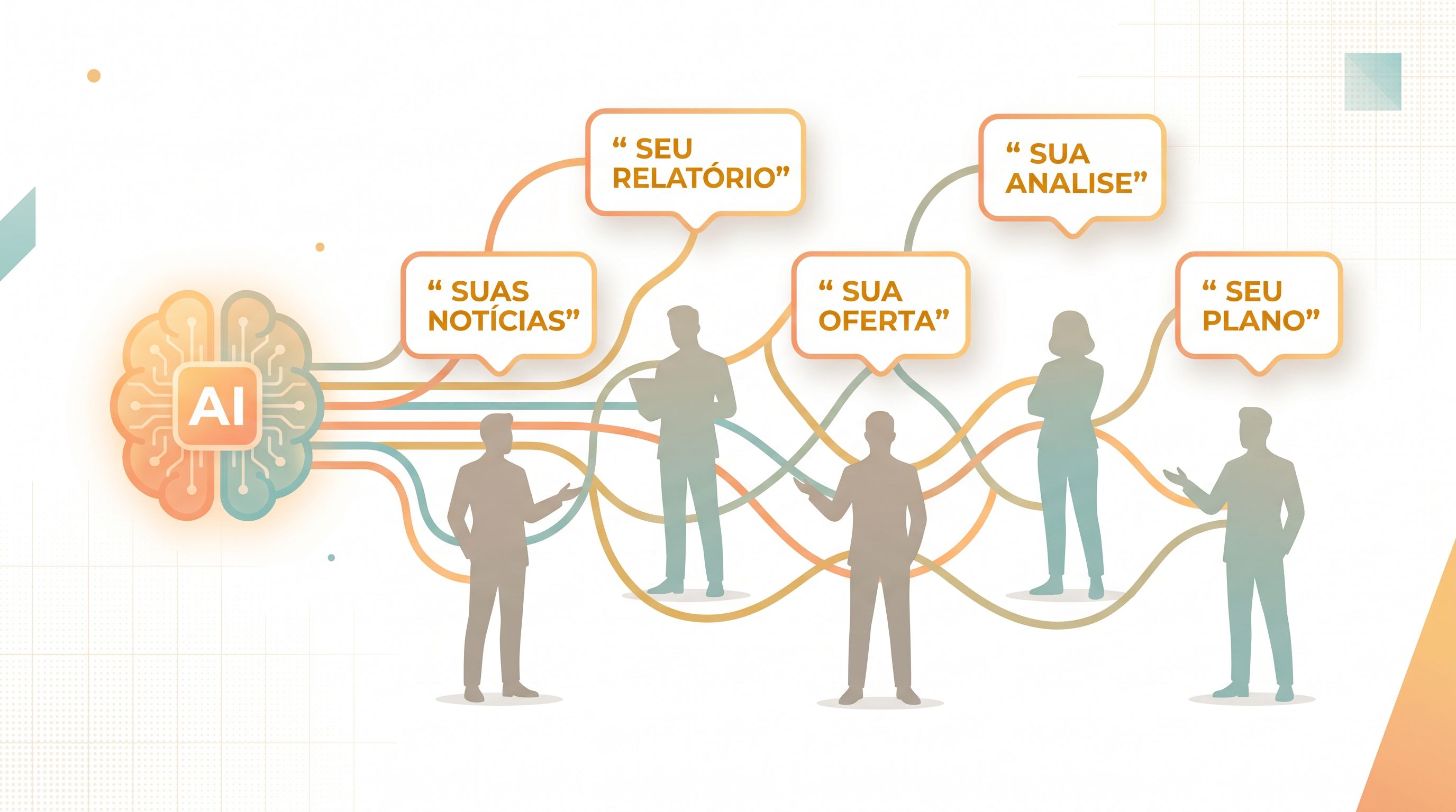 IA conectada a múltiplas pessoas com mensagens personalizadas, representando comunicação humanizada em escala